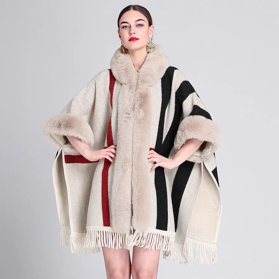 Luxury Women’s Faux Fur Wool Blend Cape Coat – Hooded Long Winter Cardigan Wrap