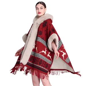 Luxury Women’s Faux Fur Wool Blend Cape Coat – Hooded Long Winter Cardigan Wrap