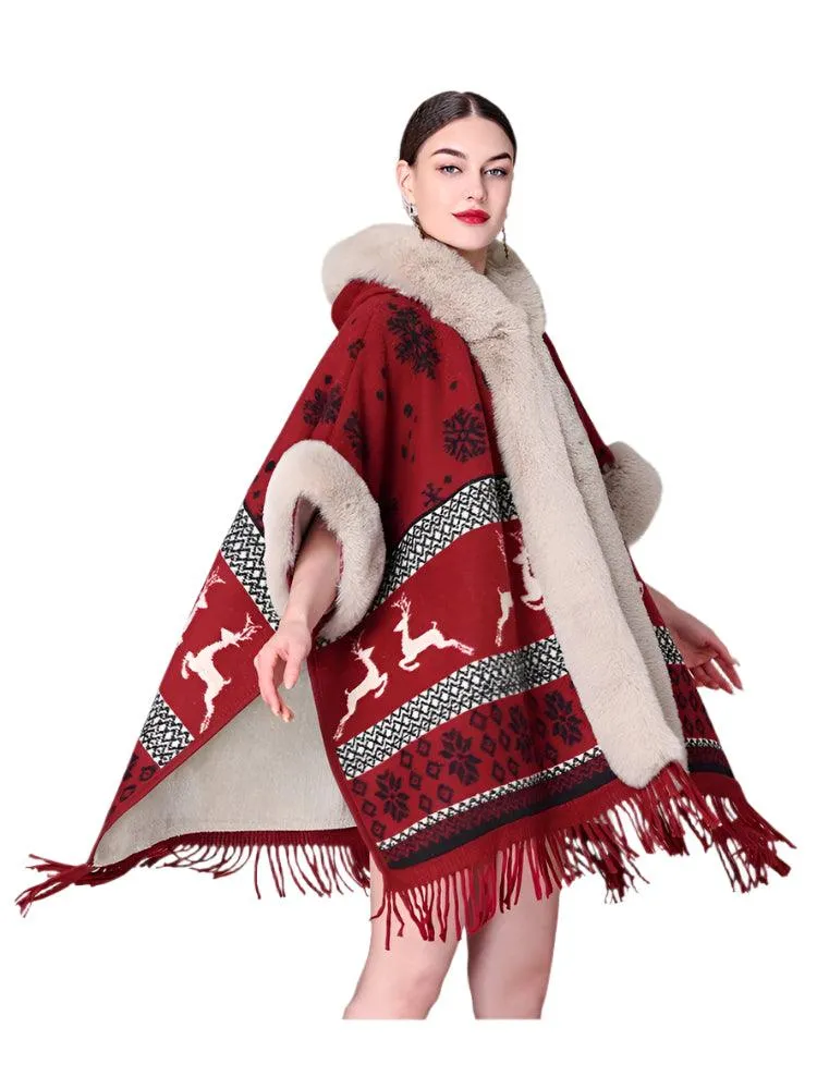 Luxury Women’s Faux Fur Wool Blend Cape Coat – Hooded Long Winter Cardigan Wrap