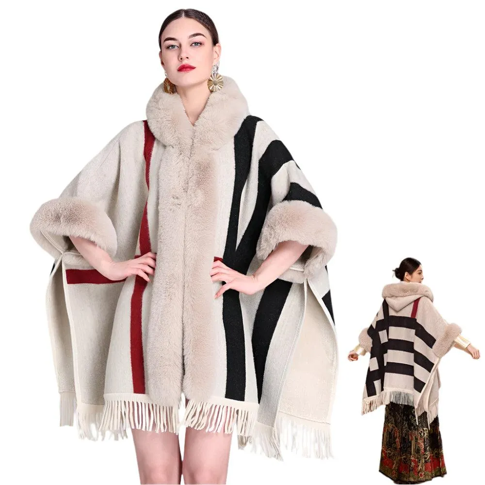 Luxury Women’s Faux Fur Wool Blend Cape Coat – Hooded Long Winter Cardigan Wrap