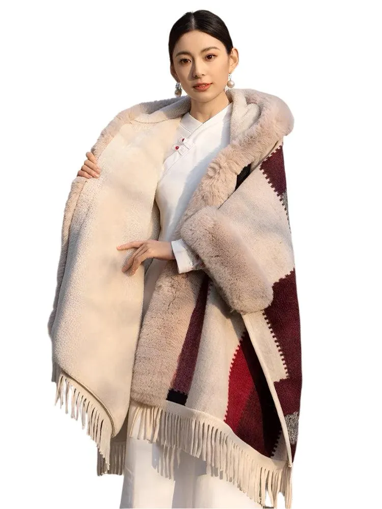 Luxury Women’s Faux Fur Wool Blend Cape Coat – Hooded Long Winter Cardigan Wrap
