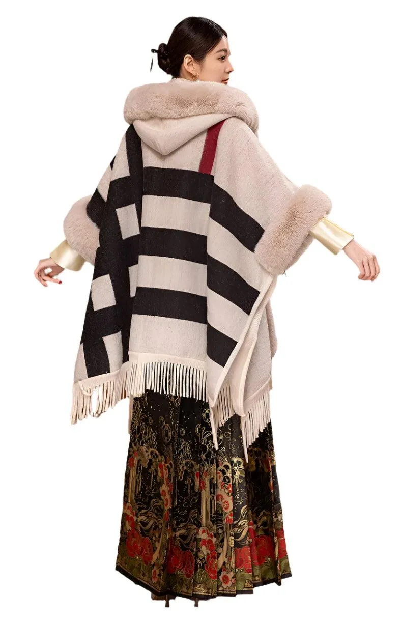 Luxury Women’s Faux Fur Wool Blend Cape Coat – Hooded Long Winter Cardigan Wrap