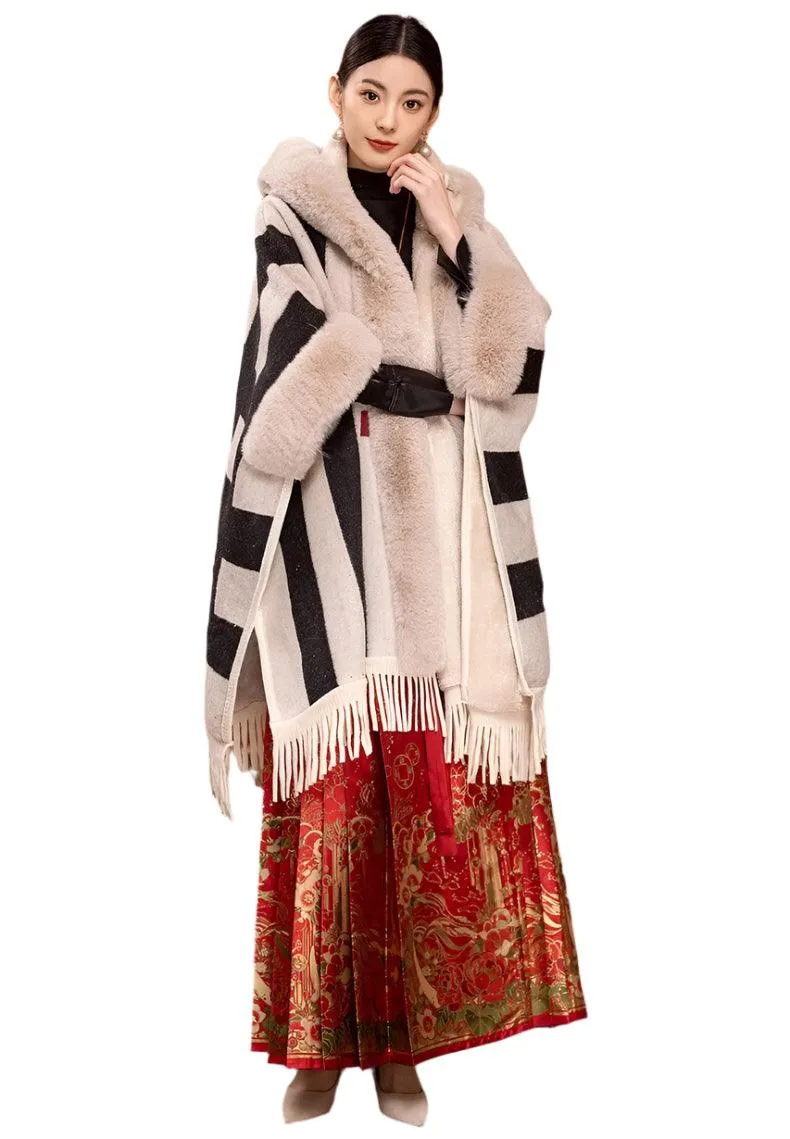 Luxury Women’s Faux Fur Wool Blend Cape Coat – Hooded Long Winter Cardigan Wrap