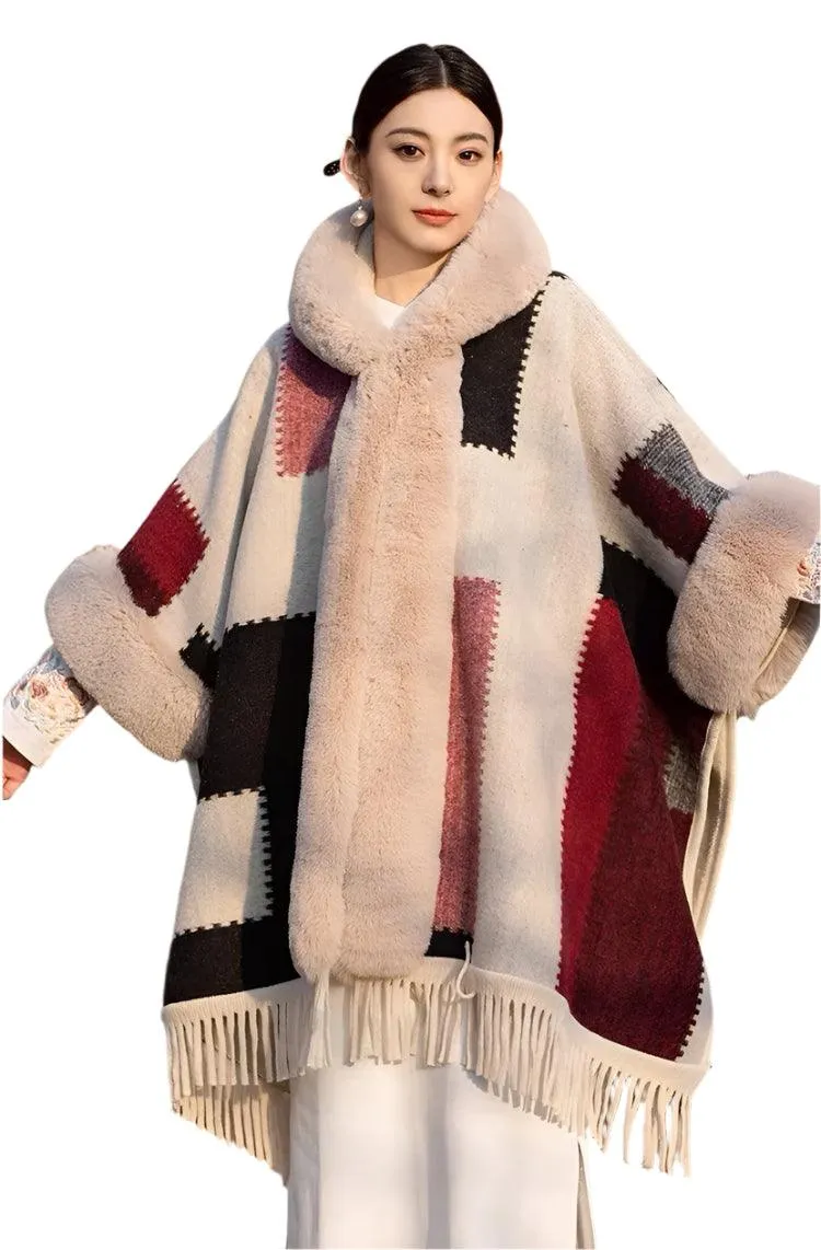 Luxury Women’s Faux Fur Wool Blend Cape Coat – Hooded Long Winter Cardigan Wrap