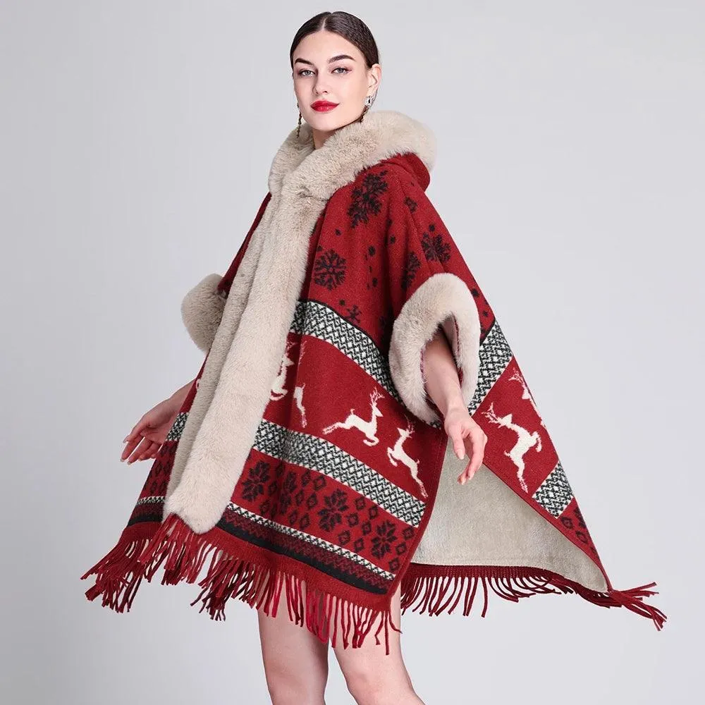Luxury Women’s Faux Fur Wool Blend Cape Coat – Hooded Long Winter Cardigan Wrap