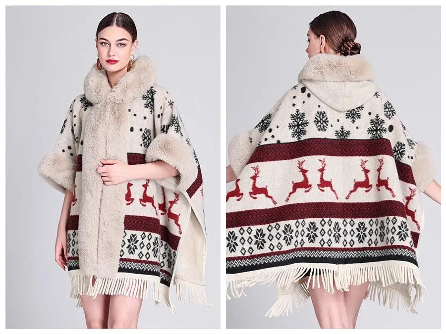 Luxury Women’s Faux Fur Wool Blend Cape Coat – Hooded Long Winter Cardigan Wrap