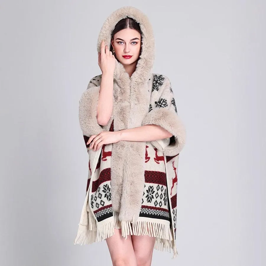 Luxury Women’s Faux Fur Wool Blend Cape Coat – Hooded Long Winter Cardigan Wrap