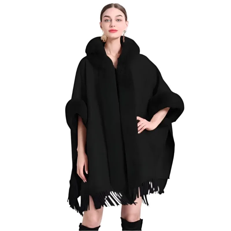 Luxury Women’s Faux Fur Wool Blend Cape Coat – Hooded Long Winter Cardigan Wrap