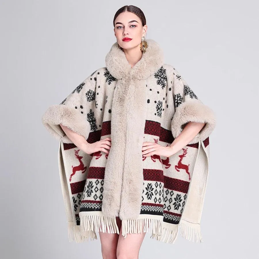Luxury Women’s Faux Fur Wool Blend Cape Coat – Hooded Long Winter Cardigan Wrap