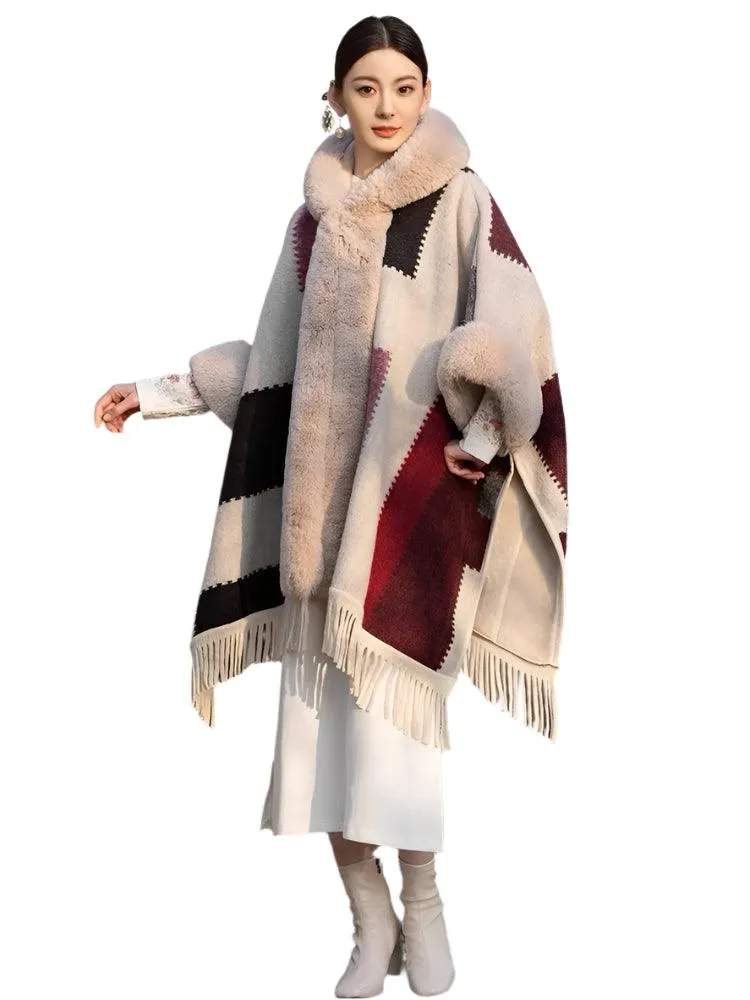 Luxury Women’s Faux Fur Wool Blend Cape Coat – Hooded Long Winter Cardigan Wrap
