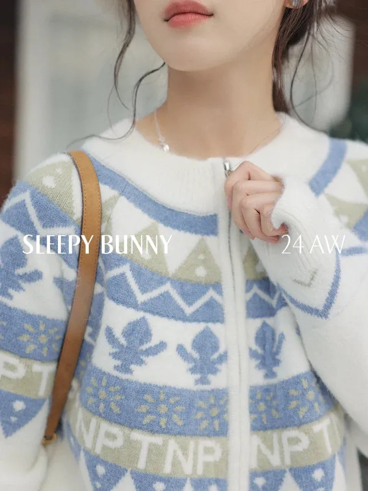 LVSANW Nordic Style Jacquard Knit Cardigan Women Winter Warm Loose Fit Sweater Cute Round Neck Retro Design Cozy Elegant Casual Top