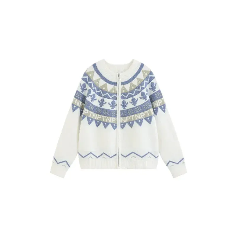 LVSANW Nordic Style Jacquard Knit Cardigan Women Winter Warm Loose Fit Sweater Cute Round Neck Retro Design Cozy Elegant Casual Top