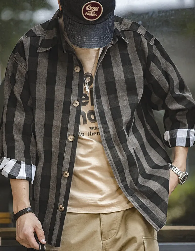 Maden Harajuku Plaid Men's Shirts Retro 360G Heavy High Quality Casual Single Breasted Loose Long-sleeved Turn-down Collar Shirt