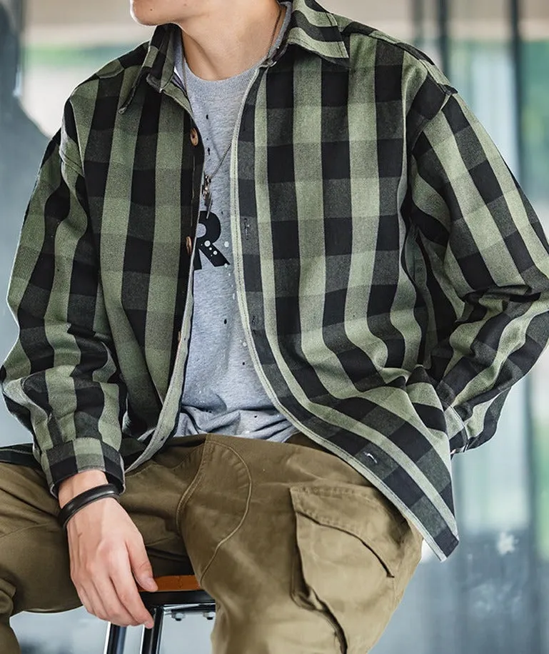 Maden Harajuku Plaid Men's Shirts Retro 360G Heavy High Quality Casual Single Breasted Loose Long-sleeved Turn-down Collar Shirt