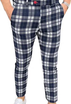 Maiyifu-GJ Men Plaid Dress Chino Pants Casual Stretch Slim Fit Business Trousers Checked Flat Front Skinny Golf Long Pant