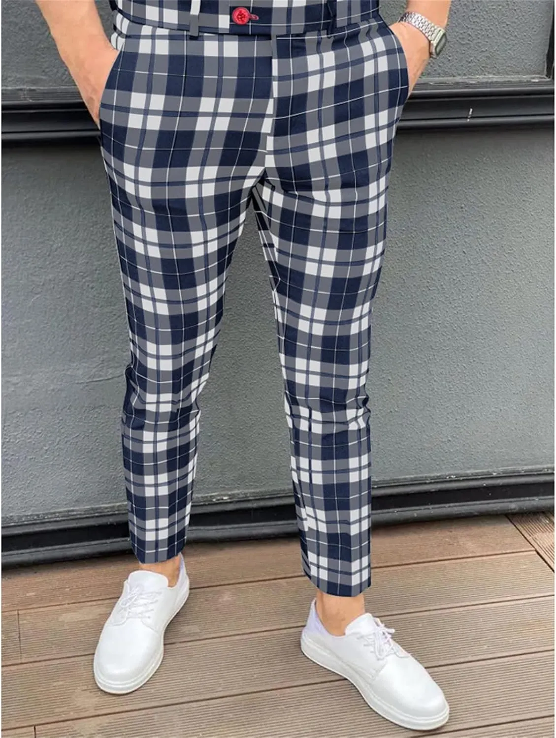 Maiyifu-GJ Men Plaid Dress Chino Pants Casual Stretch Slim Fit Business Trousers Checked Flat Front Skinny Golf Long Pant
