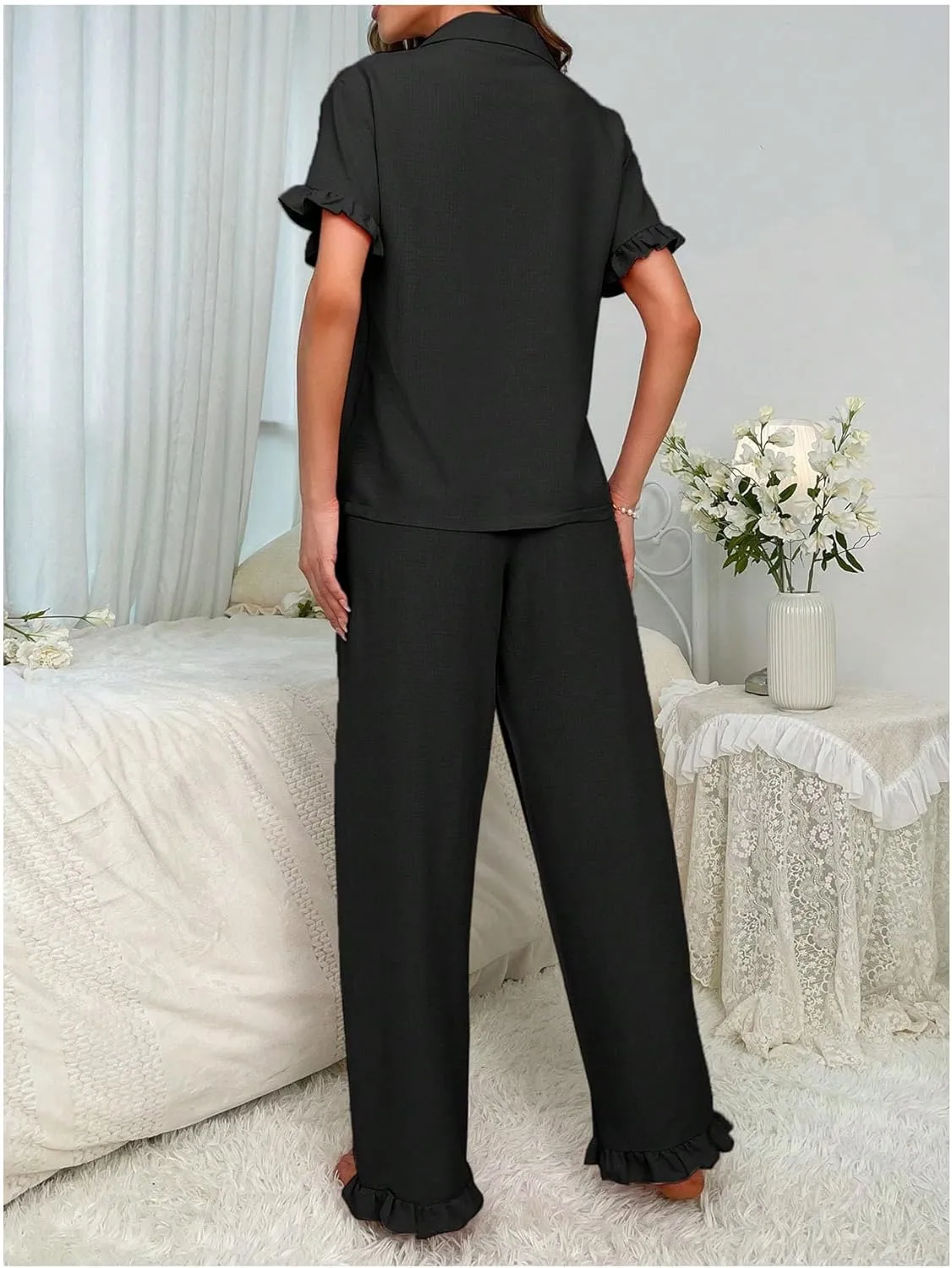 MakeMeChic Women's 2 Piece Ruffle Pajama Sets Lounge Wear Button Down Shirt with Straight Leg Pants