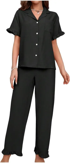 MakeMeChic Women's 2 Piece Ruffle Pajama Sets Lounge Wear Button Down Shirt with Straight Leg Pants