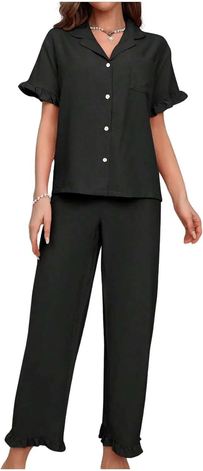 MakeMeChic Women's 2 Piece Ruffle Pajama Sets Lounge Wear Button Down Shirt with Straight Leg Pants