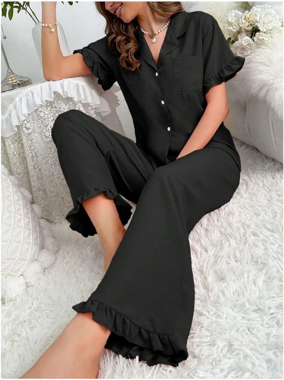 MakeMeChic Women's 2 Piece Ruffle Pajama Sets Lounge Wear Button Down Shirt with Straight Leg Pants