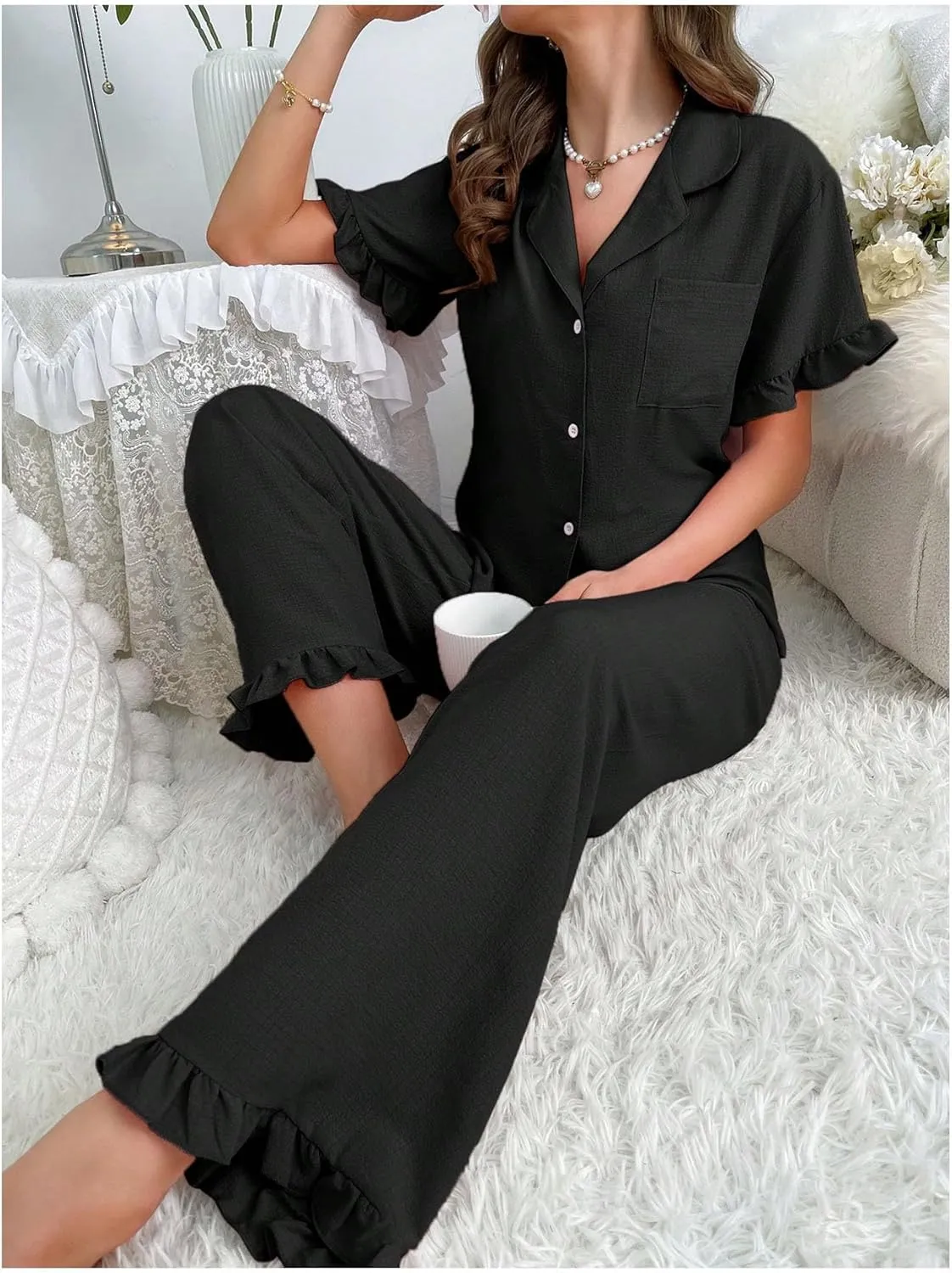 MakeMeChic Women's 2 Piece Ruffle Pajama Sets Lounge Wear Button Down Shirt with Straight Leg Pants