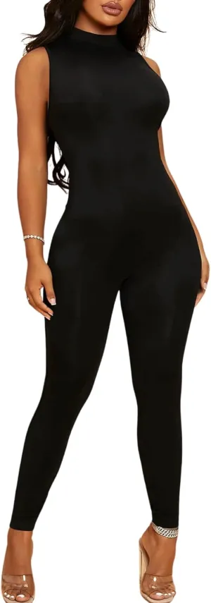 MakeMeChic Women's Sleeveless Mock Neck One Piece Jumpsuit Romper Bodysuit Pants Unitard Jumpsuits