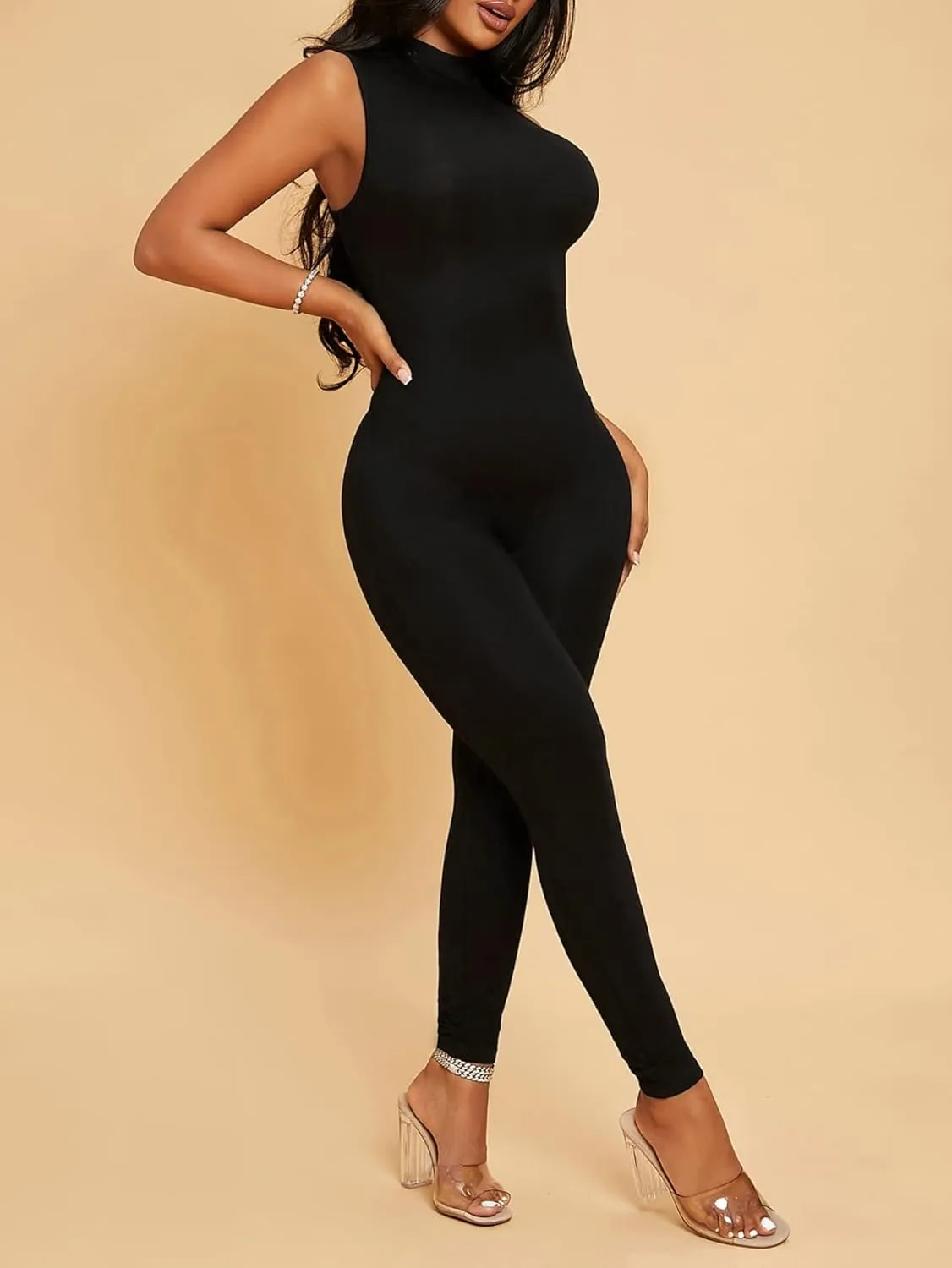 MakeMeChic Women's Sleeveless Mock Neck One Piece Jumpsuit Romper Bodysuit Pants Unitard Jumpsuits