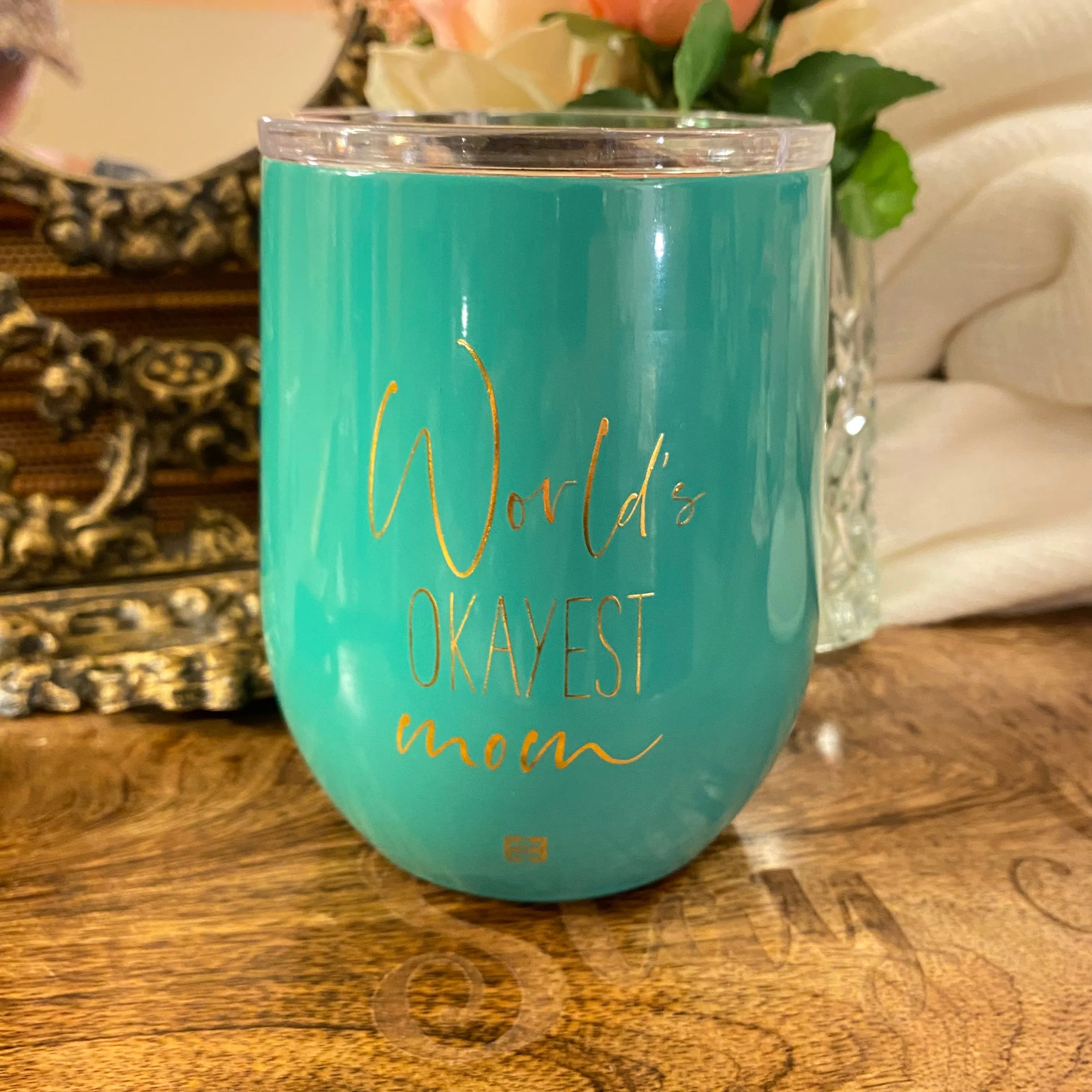 Mary Square Worlds Okayest Mom 12 oz Insulated Wine Glass