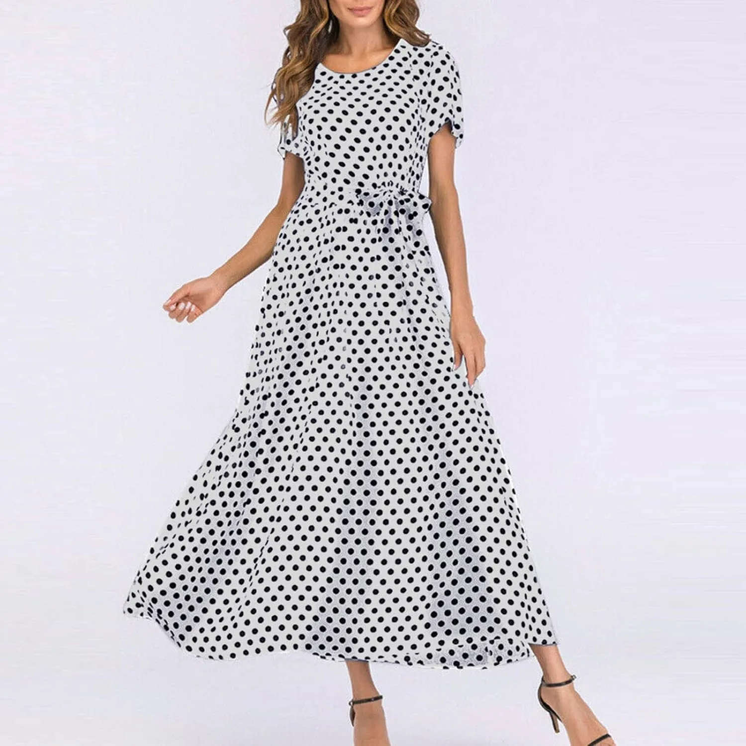 Maxi Dress for Women Boho Summer Polka Dot Print Casual Dress Short Sleeve Long Dresses Flowy Swing Beach Sundress