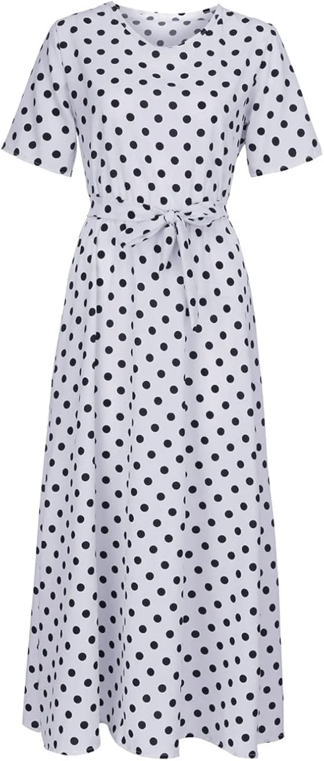 Maxi Dress for Women Boho Summer Polka Dot Print Casual Dress Short Sleeve Long Dresses Flowy Swing Beach Sundress