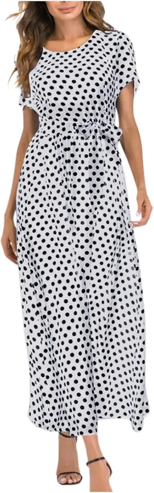 Maxi Dress for Women Boho Summer Polka Dot Print Casual Dress Short Sleeve Long Dresses Flowy Swing Beach Sundress