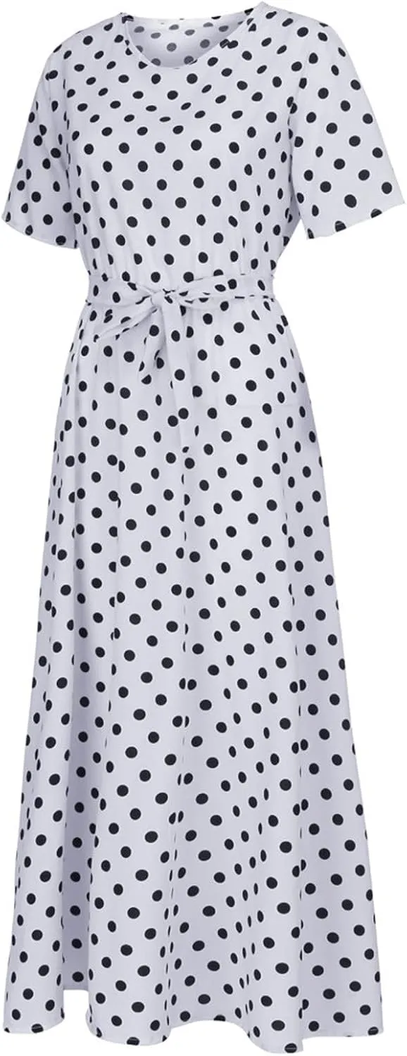 Maxi Dress for Women Boho Summer Polka Dot Print Casual Dress Short Sleeve Long Dresses Flowy Swing Beach Sundress