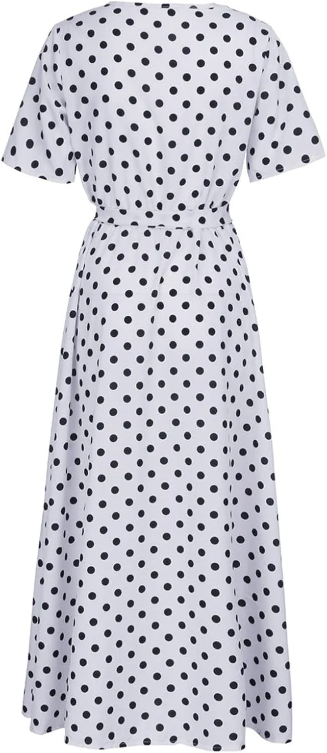 Maxi Dress for Women Boho Summer Polka Dot Print Casual Dress Short Sleeve Long Dresses Flowy Swing Beach Sundress