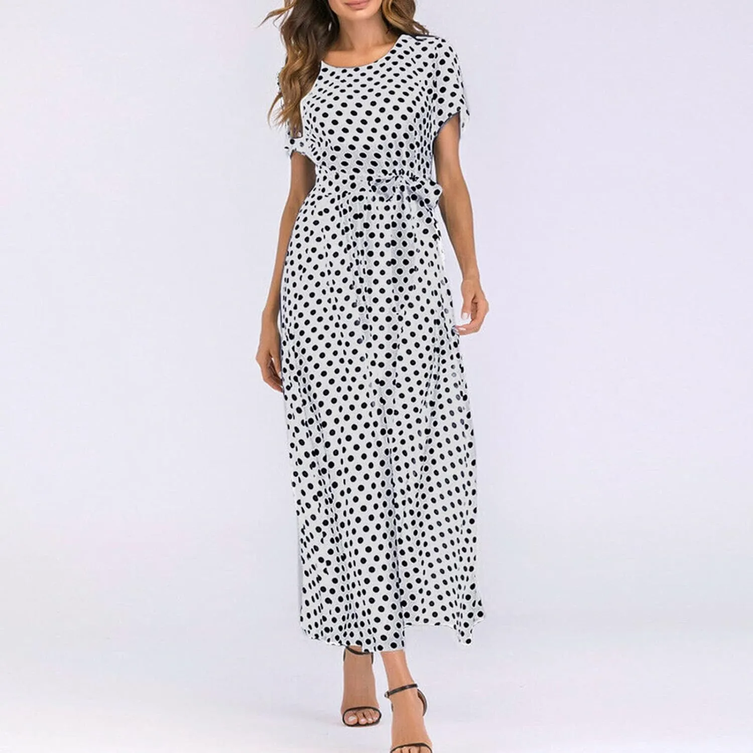 Maxi Dress for Women Boho Summer Polka Dot Print Casual Dress Short Sleeve Long Dresses Flowy Swing Beach Sundress