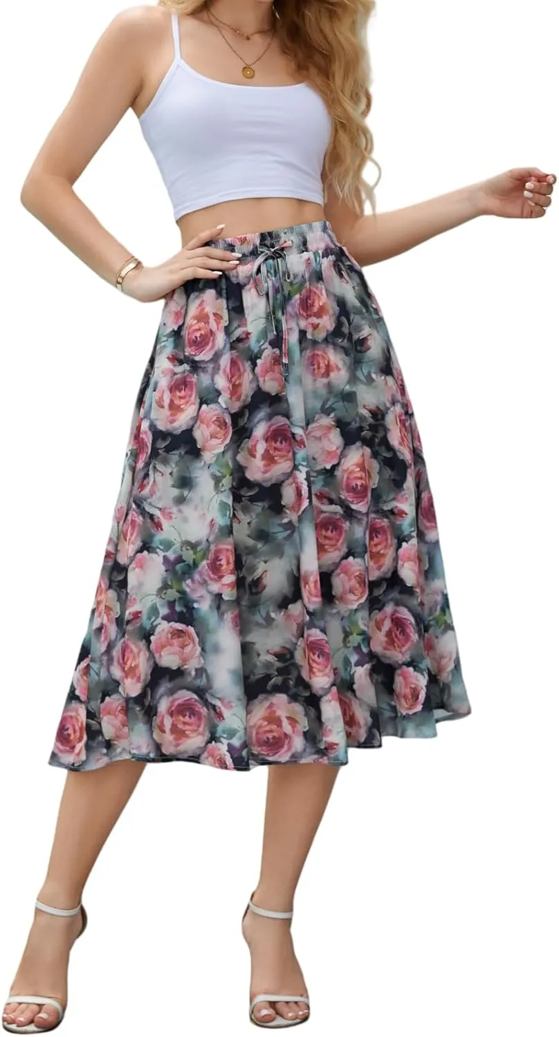 Maxi Skirts for Women with Pockets Long Midi Length Casual Skirt for Beach Party Holiday Pink