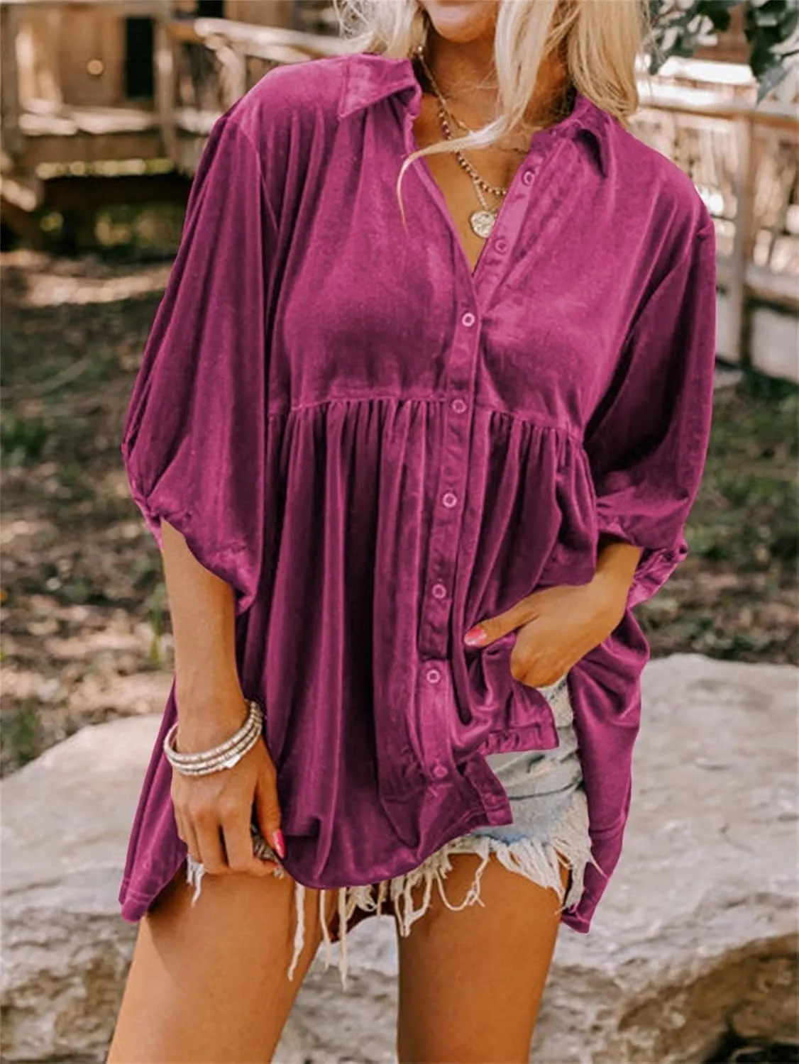 Melliflo Womens Velvet Dress Button Down T Shirt 3/4 Sleeve Tunic Tops Casual Lapel Babydoll Mini Dress