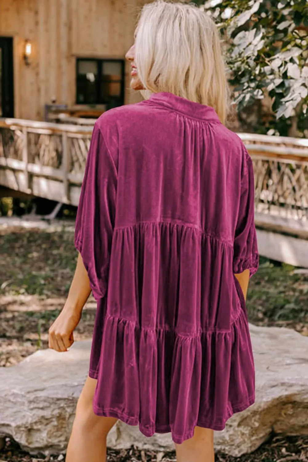Melliflo Womens Velvet Dress Button Down T Shirt 3/4 Sleeve Tunic Tops Casual Lapel Babydoll Mini Dress
