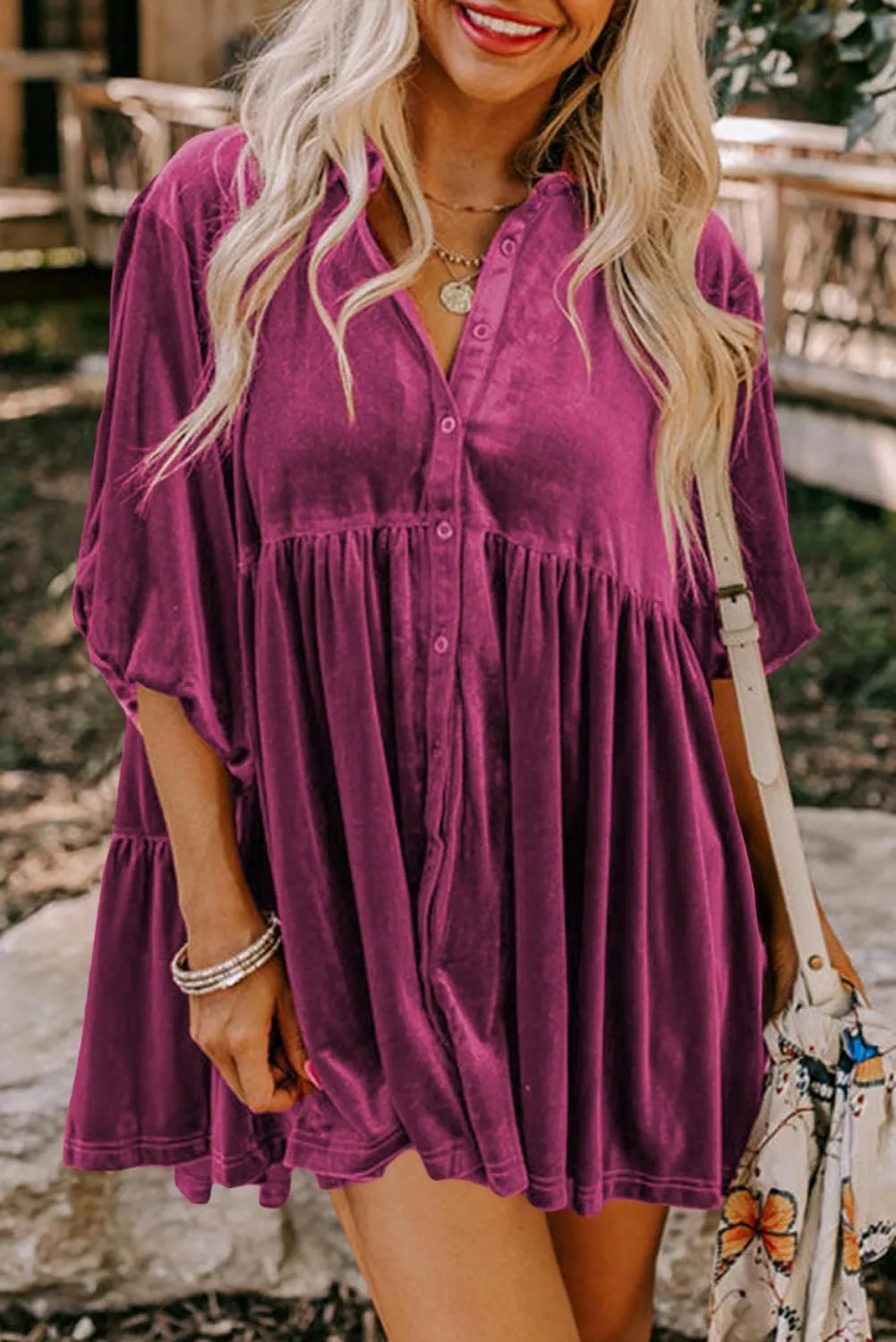 Melliflo Womens Velvet Dress Button Down T Shirt 3/4 Sleeve Tunic Tops Casual Lapel Babydoll Mini Dress