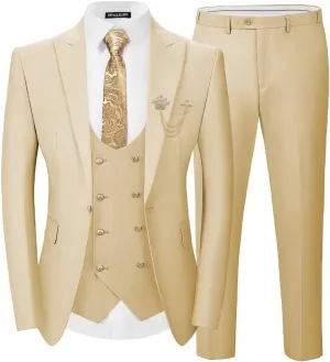 Men 3 Pieces Suits Slim Fit Wedding Prom Solid Blazer Double Breasted Vest and Pants Gold Button Tuxedo Set