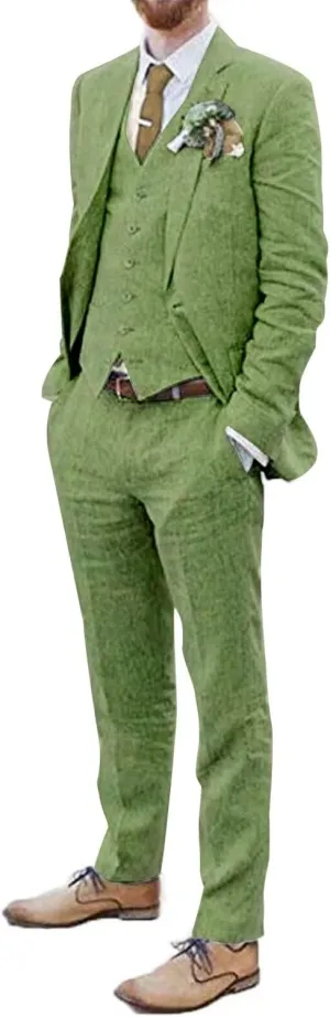 Men Suits Linen Beach Wedding Suits 3 Piece Groomsmen Attire Linen Blazer Vest Pant Prom Tuxedo
