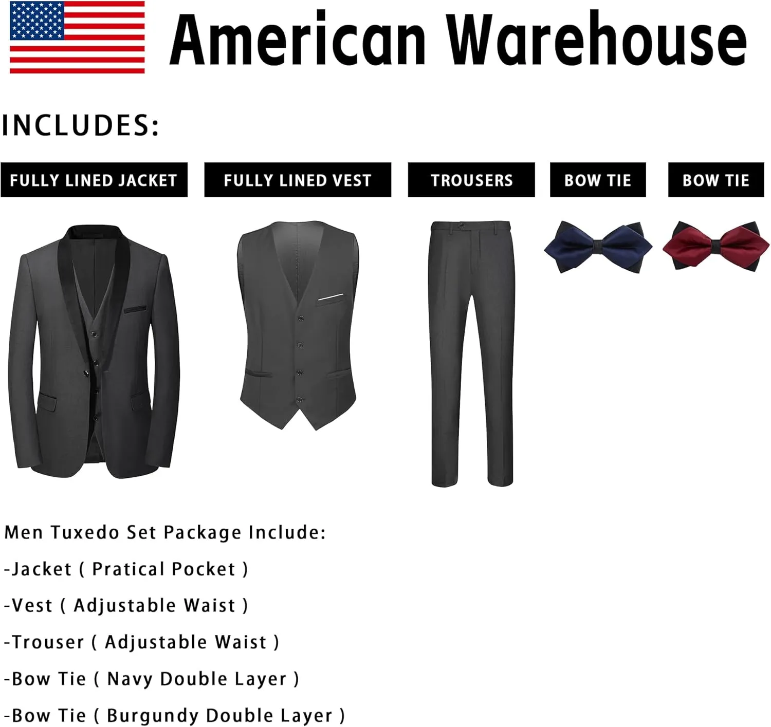 Men Suits Slim Fit 3 Pieces Sets Tuxedo Blazer Vest Pants Shawl Lapel Bow Ties for Prom Party Wedding Business Dinner