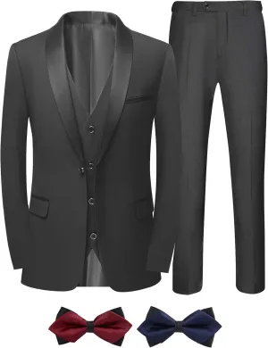 Men Suits Slim Fit 3 Pieces Sets Tuxedo Blazer Vest Pants Shawl Lapel Bow Ties for Prom Party Wedding Business Dinner