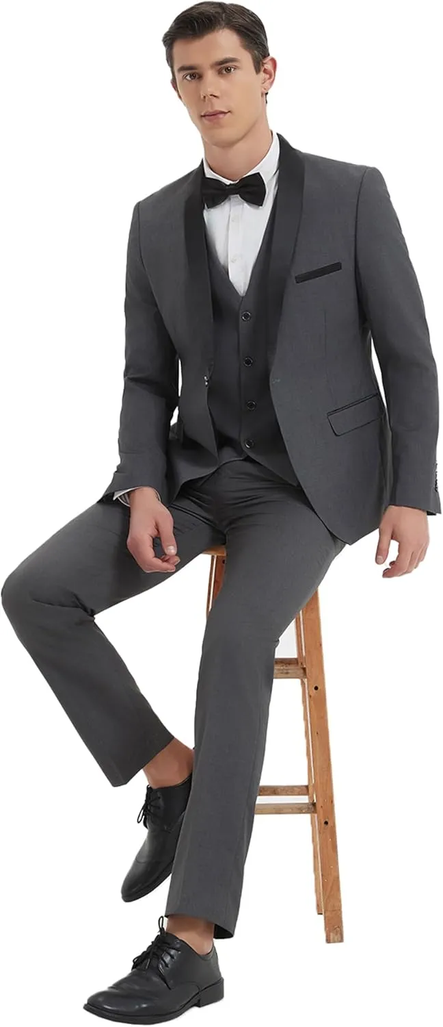 Men Suits Slim Fit 3 Pieces Sets Tuxedo Blazer Vest Pants Shawl Lapel Bow Ties for Prom Party Wedding Business Dinner