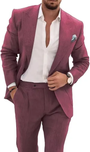 Mens 2 Piece Linen Suit Casual Beach Wedding Blazer Pants Set Summer Linen Suit for Men