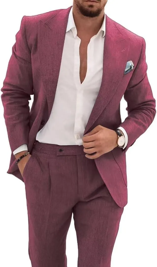 Mens 2 Piece Linen Suit Casual Beach Wedding Blazer Pants Set Summer Linen Suit for Men