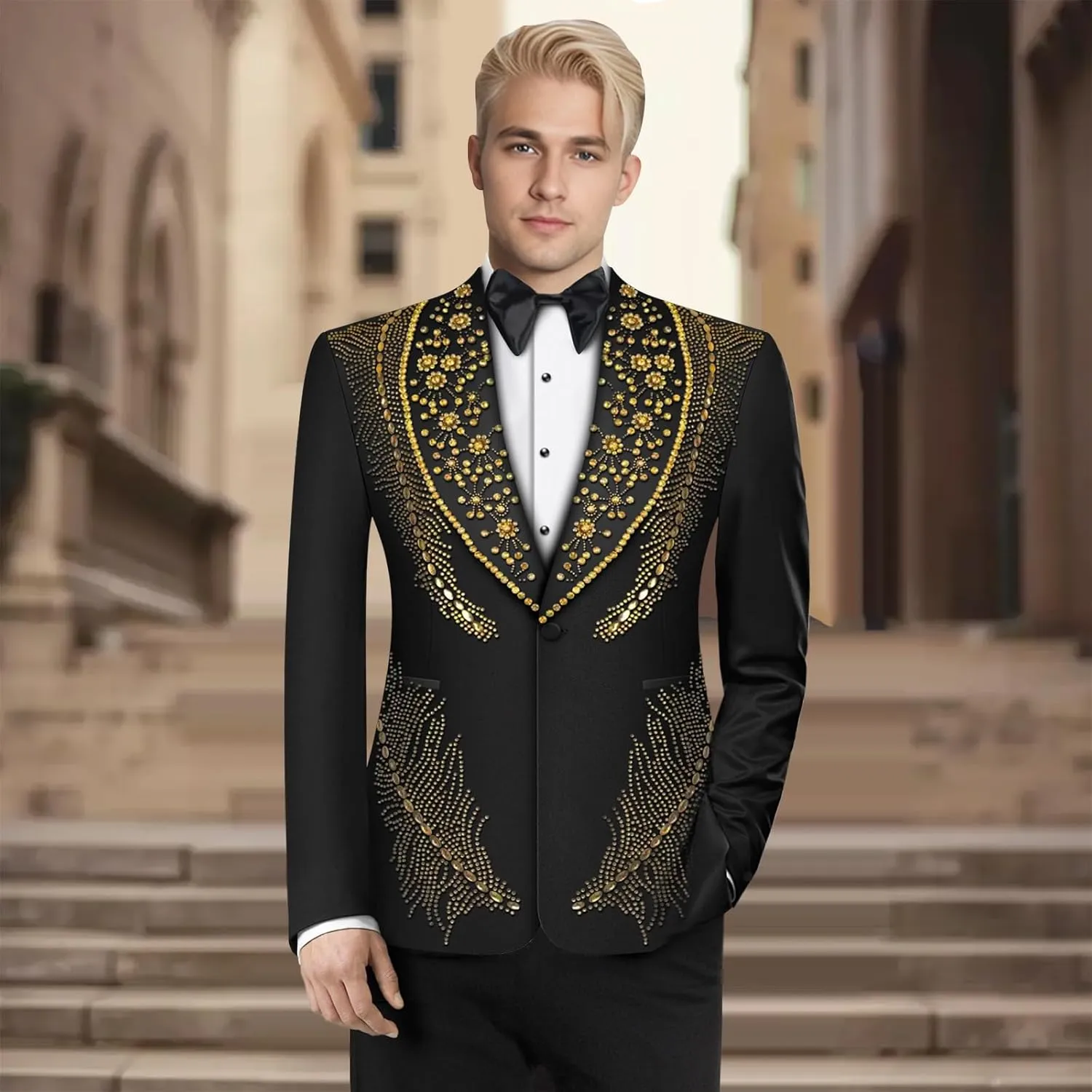 Men's 2 Piece Suit One Button Single Breasted Slim Fit Party Blazer Beaded Prom Wedding Suits Pants Set for Men