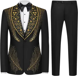 Men's 2 Piece Suit One Button Single Breasted Slim Fit Party Blazer Beaded Prom Wedding Suits Pants Set for Men