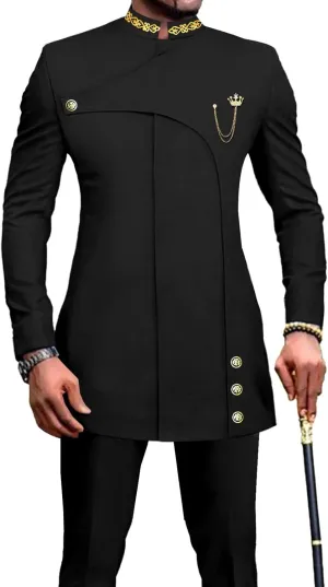 Men's 2 Pieces Suit Elegant Single Breated Slim Fit Embroidery Blazer Pants Set African Clothes Wedding