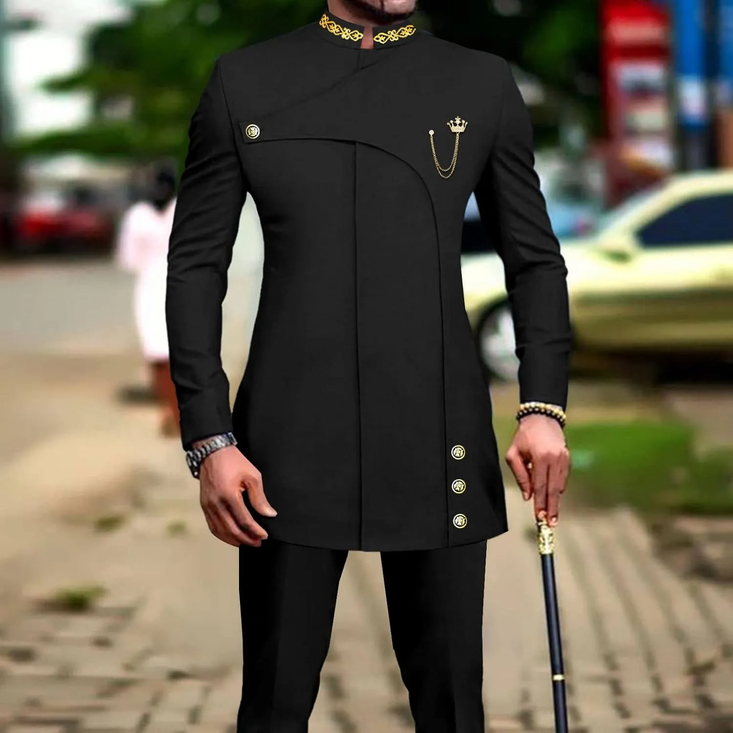 Men's 2 Pieces Suit Elegant Single Breated Slim Fit Embroidery Blazer Pants Set African Clothes Wedding