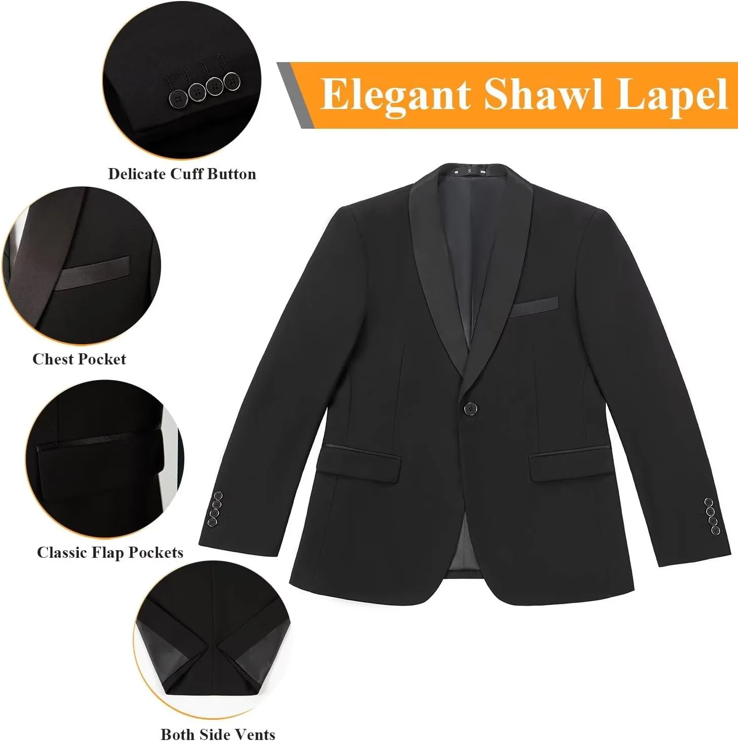 Men's 3 Piece Slim Fit Suit One Button Shawl Lapel Jacket Vest Pants Tuxedo Set with Bow Tie Pocket Square